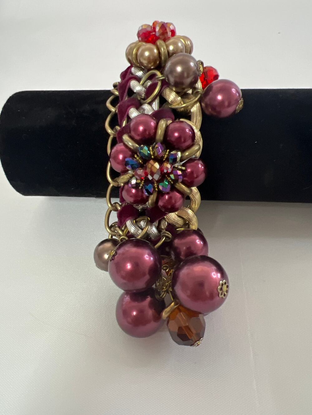 Dangling Burgundy Baubles Rhinestoned Center on Gold And Silver Toned Metal Link - Picture 1 of 4